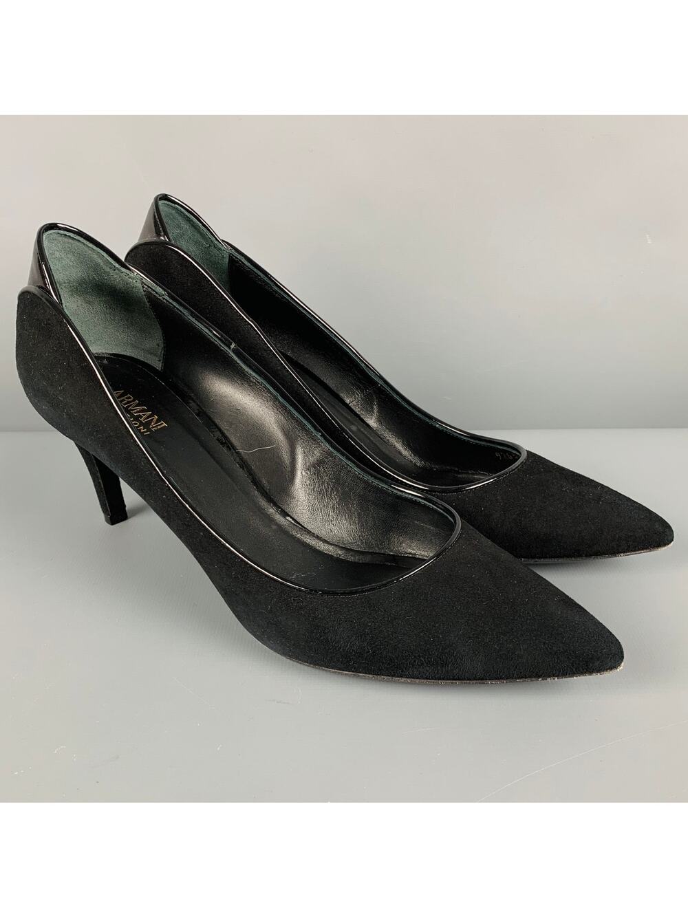 ARMANI COLLEZIONI Size 9.5 Black Suede Patent Leather Classic Pumps